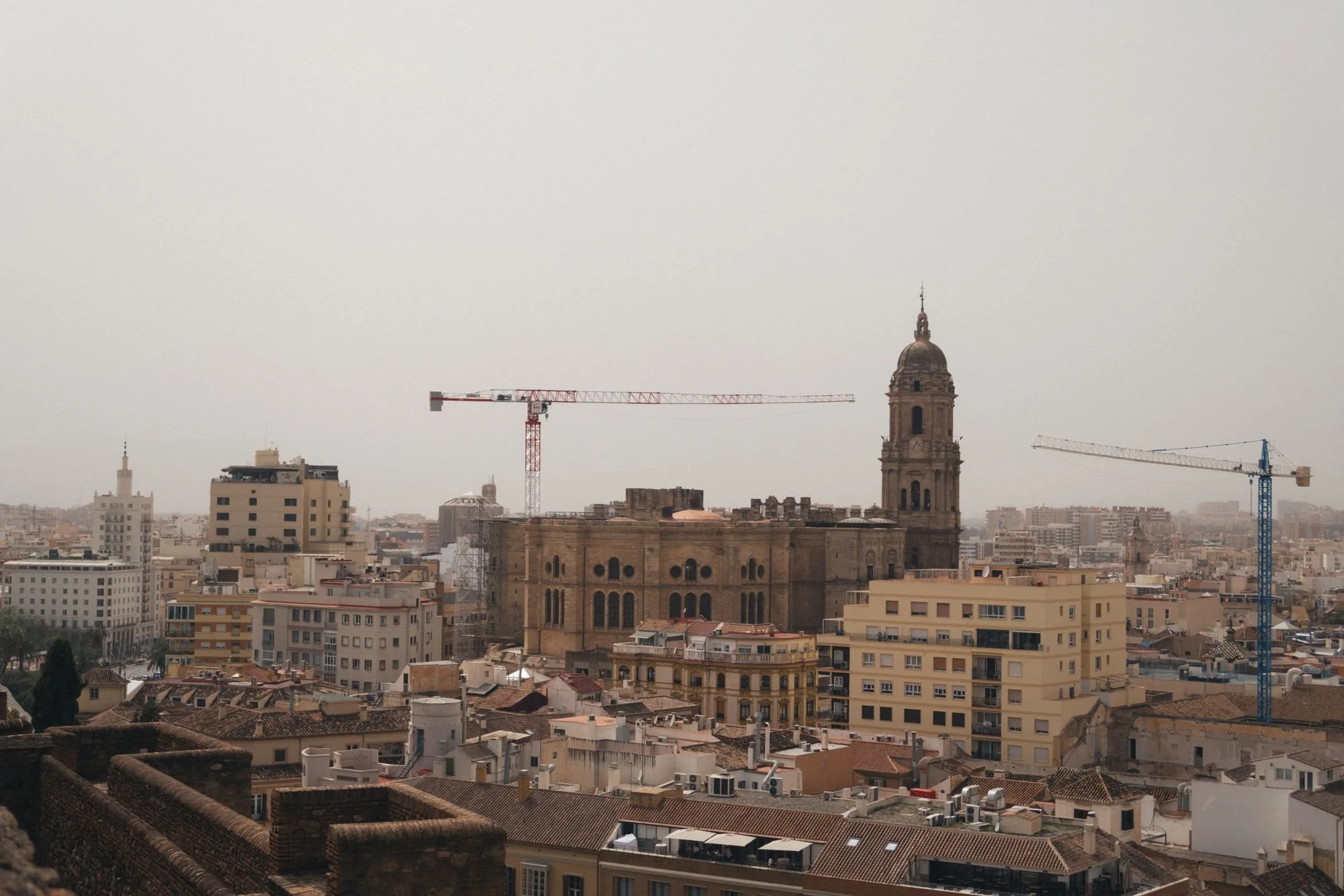Grúas de construcción entre los edificios de Málaga, con la catedral al fondo